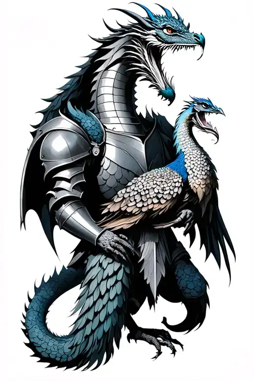 medieval dragon in armor holding a dead peacock tattoo design idea