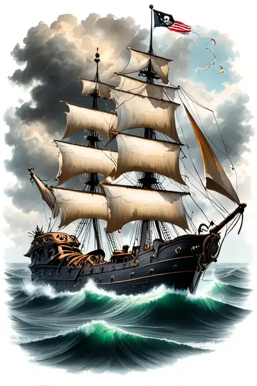black Pearl pirate ship sailing through stormy tattoo design idea