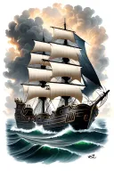 black Pearl pirate ship sailing through stormy tattoo design idea