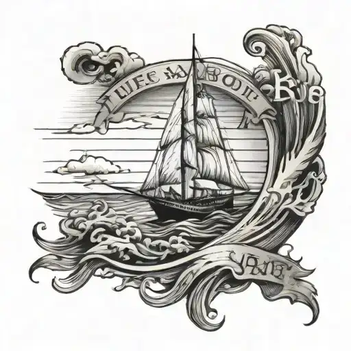 Sail boat on water with message "Life's a boat boy, it all comes in waves" tattoo design idea