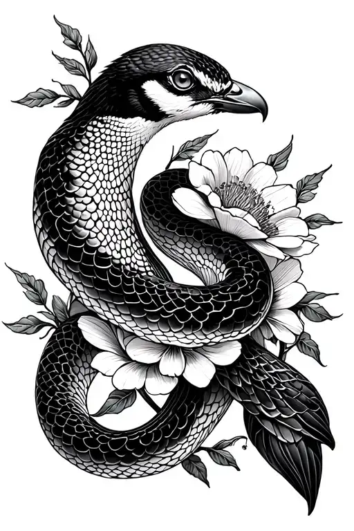 peregrine snake and flowers tattoo design idea