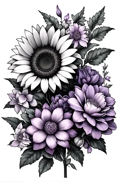 Sunflower, peony, iris, pink, hemérocalle, dahlia, lobelia, purple phlox, queen-marguerite, street wild and thrush tattoo design idea