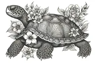 Turtle, shell and flowers tattoo design idea