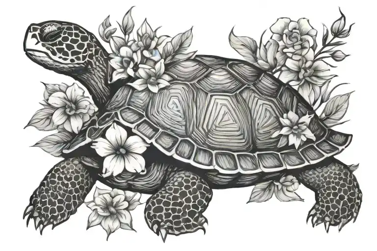 Turtle, shell and flowers tattoo design idea