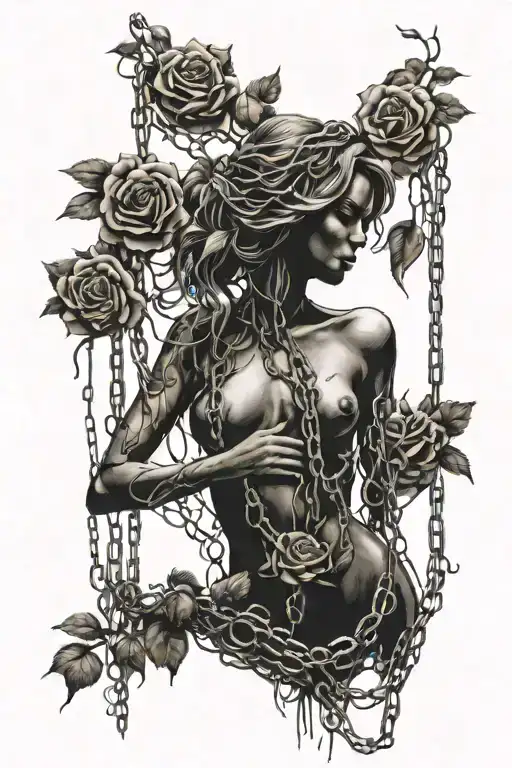 Silhouette of a naked girl, roots growing out of chains, roses tattoo design idea