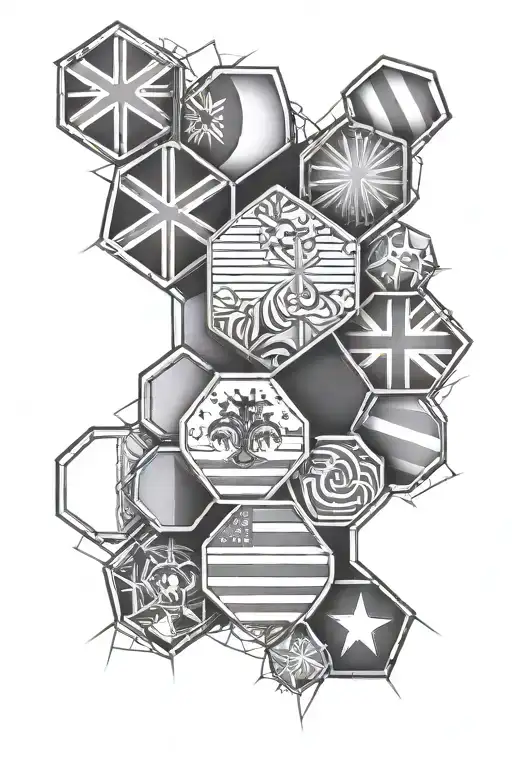 100 hexagon sleeve tattoo featuring nation flags inside  tattoo design idea