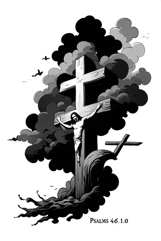 Make a tattoo that The scripture psalms 46:10, with dark clouds that fill the empty space and the crosses that Jesus was tattoo design idea