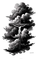 Make a tattoo that The scripture psalms 46:10, with dark clouds that fill the empty space and the crosses that Jesus was tattoo design idea