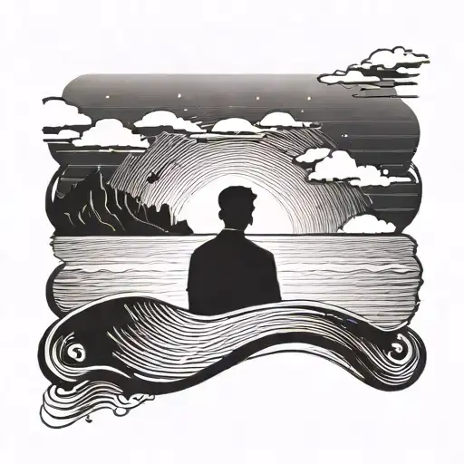 A tattoo of a silhouette of a person watching a sunset on a minimalist beach, with a subtle dubstep waveform incorporated into the design tattoo design idea