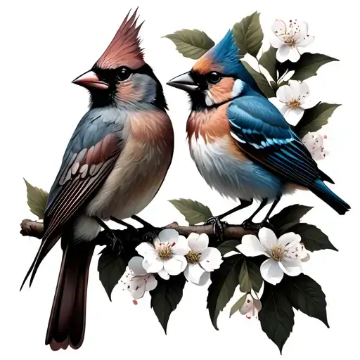 a cardinal and eastern bluebird sitting on a flowering branch tattoo design idea