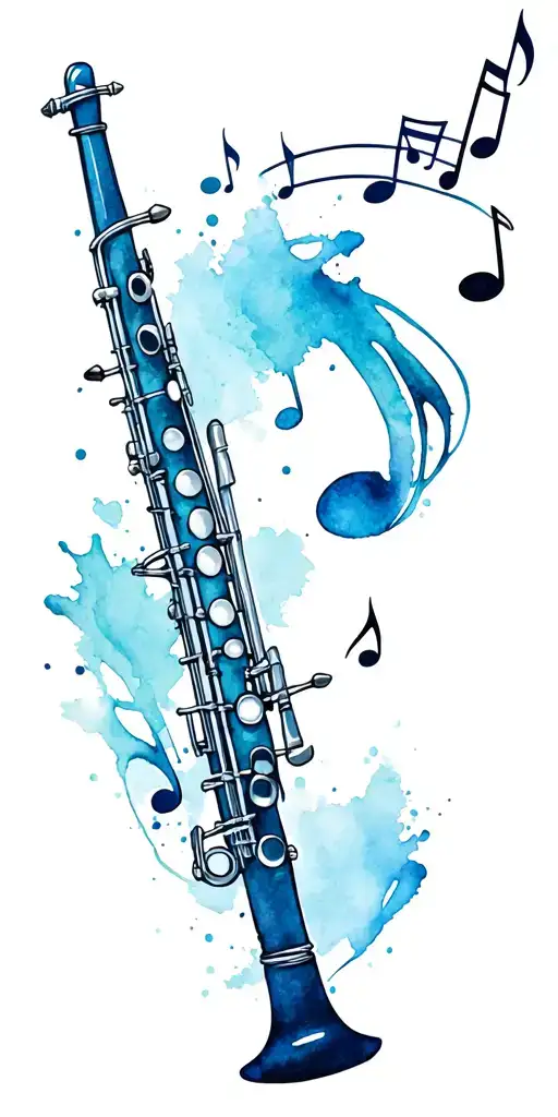 clarinet with notes flying around it  tattoo design idea