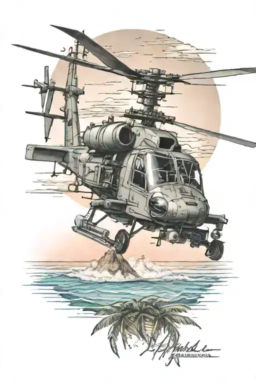 A realistic AH-64 Apache helicopter flying over a tropical beach sunset tattoo design idea