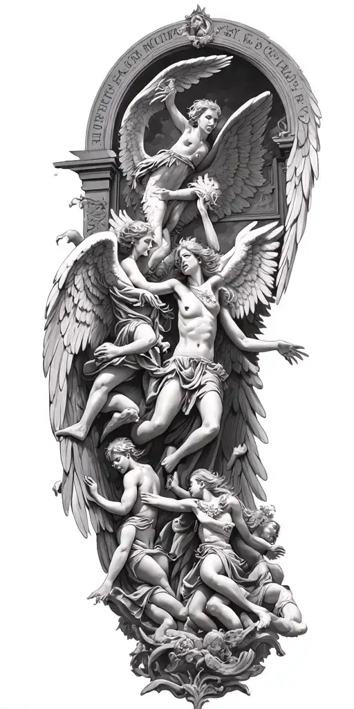 angels going through gates of heaven while fighting demons trapped in hell tattoo design idea