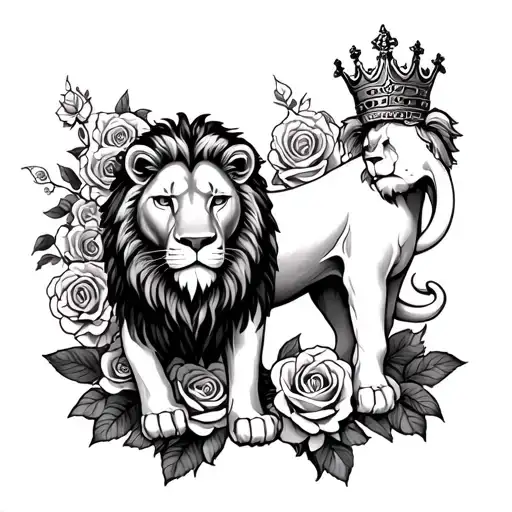 labyrinth and roses and a lion with a crown tattoo design idea