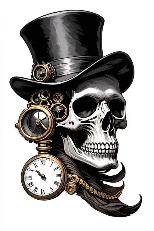 Steampunk skull wearing top hat and monacle with clock tattoo design idea