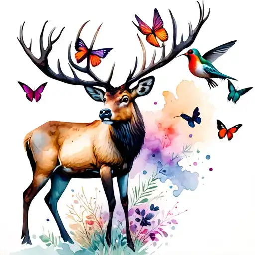 elk and hummingbirds and cardinals and butterflies tattoo design idea