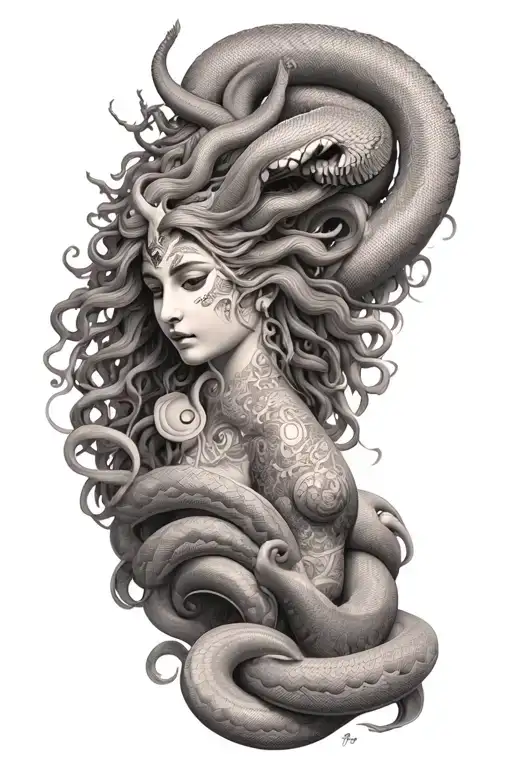 medusa goddess with oni mask, hair snakes tattoo design idea