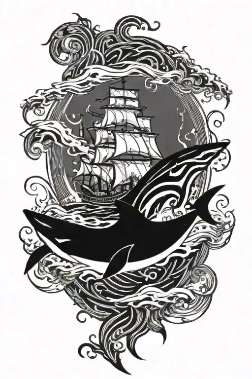 ship, shark, storm, waves tattoo design idea