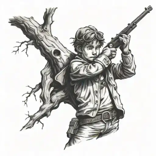 boy hiding in a large tree with a musket tattoo design idea