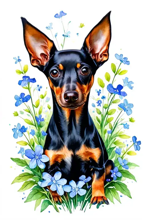 miniature pinscher surrounded by forget me not flowers tattoo design idea