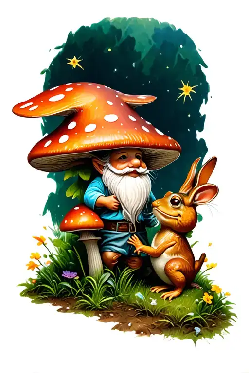 gnome in mushroom garden with a rabbit and frog playing tattoo design idea