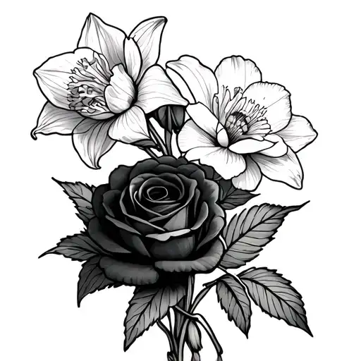 Dainty bouquet with a daffodil, two roses, and a carnation  tattoo design idea
