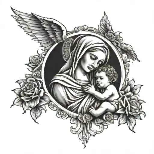 back tattoo with the Madonna and the child in black and white with angels surrounding. tattoo design idea