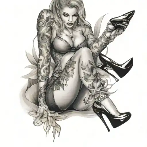 sexy girl, big boobs, minsikirt and high heels tattoo design idea