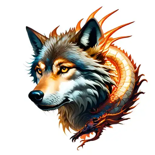 Wolf and dragon flying tattoo design idea