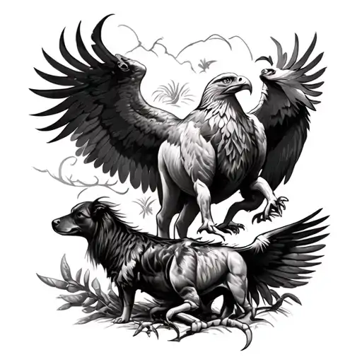 I need a full sleeve tattoo with realistic animals. It should include a scorpion, an ox, a dog, an eagle, and a phoenix. tattoo design idea