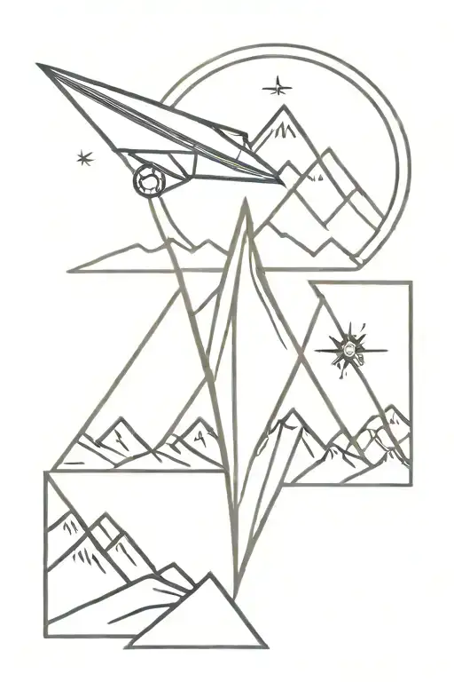 paper plane with compass with mountains tattoo design idea