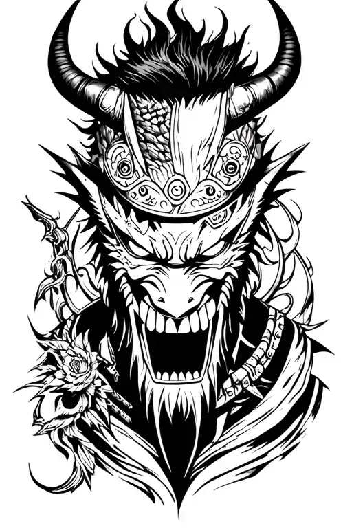 Combine elements of Naruto and Zoro from One Piece into a unique oni mask design tattoo design idea