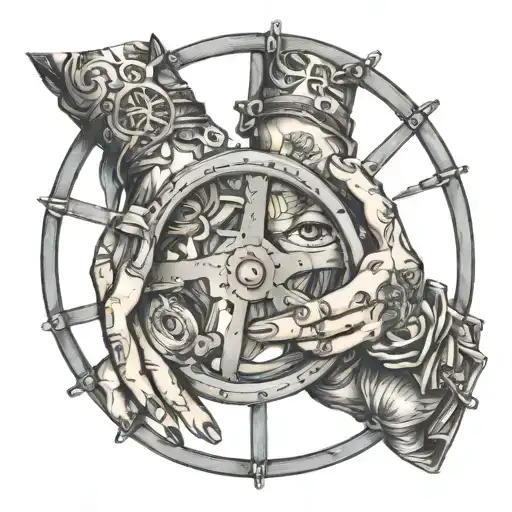 women's hands on the steering wheel, handcuffed tattoo design idea