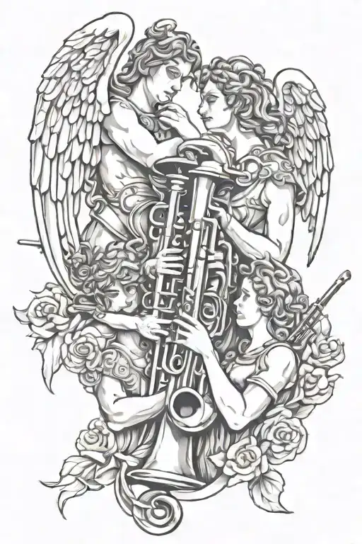 names and Angels holding trumpets tattoo design idea