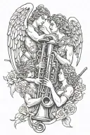 names and Angels holding trumpets tattoo design idea