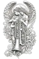 names and Angels holding trumpets tattoo design idea
