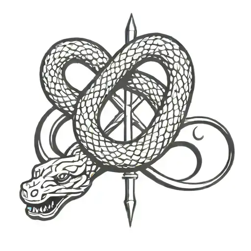 snake wrapped around a roman spear with a crescent moon hanging tattoo design idea