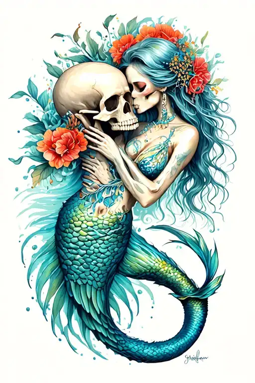exotic Skelton body mermaid trapped in ocean kissing a skull tattoo design idea