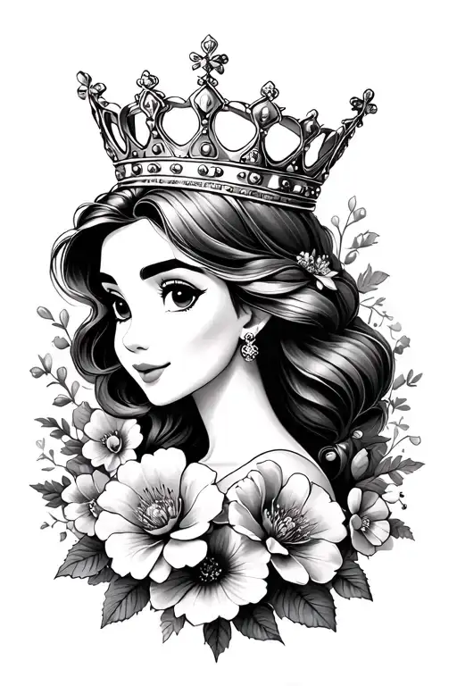 Disney princess crown surrounded by bold flowers tattoo design idea