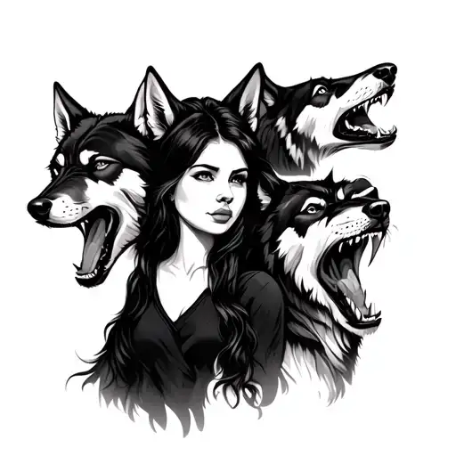 girl surrounded three wolves snarling and howling tattoo design idea