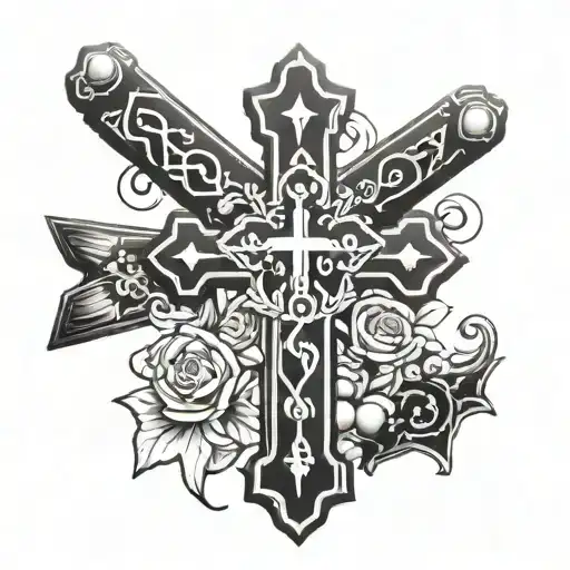 black and white tattoo of an Orthodox cross with a rosary hanging from it tattoo design idea