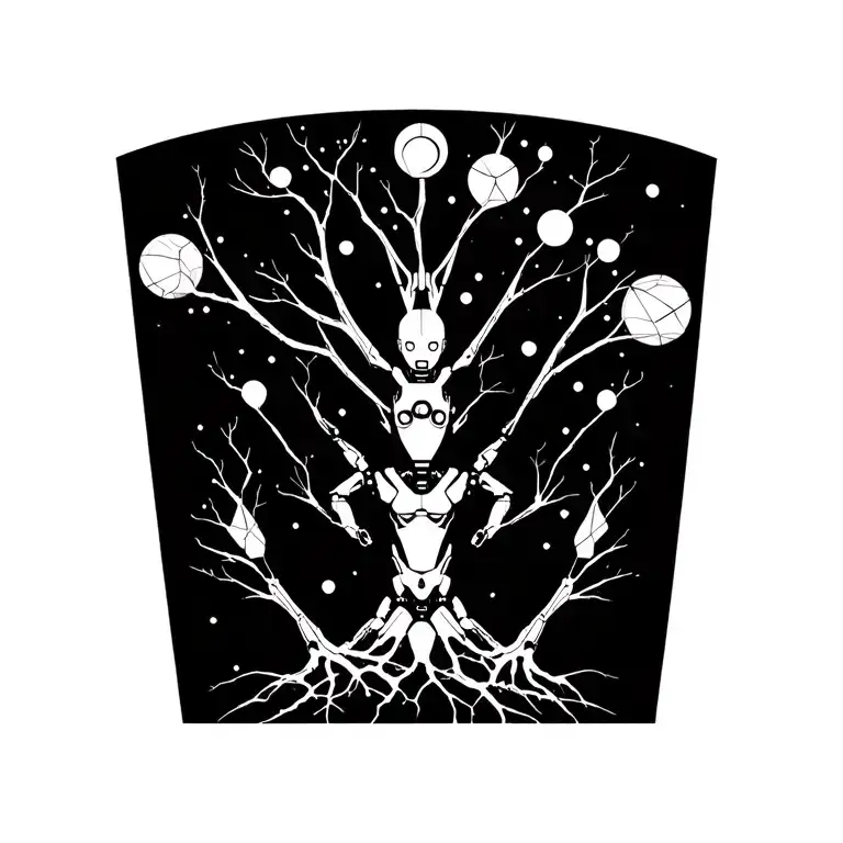 space  human robot three sond molded into a branched tree symbolizing love and eternity tattoo design idea