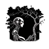 space  human robot three sond molded into a branched tree symbolizing love and eternity tattoo design idea
