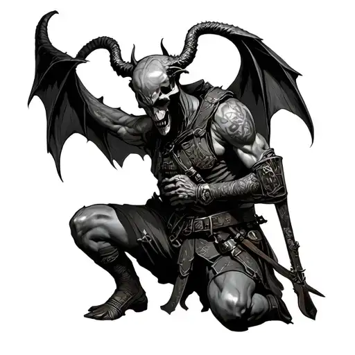 Death Korps Of Krieg killing devil while kneeling tattoo design idea