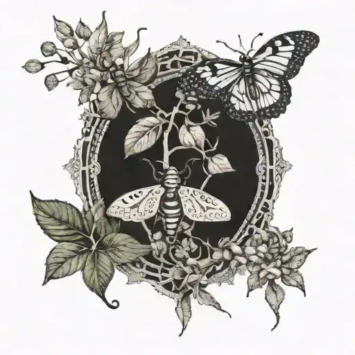 A botanical illustration of a unique plant species intertwined with intricate insect motifs tattoo design idea