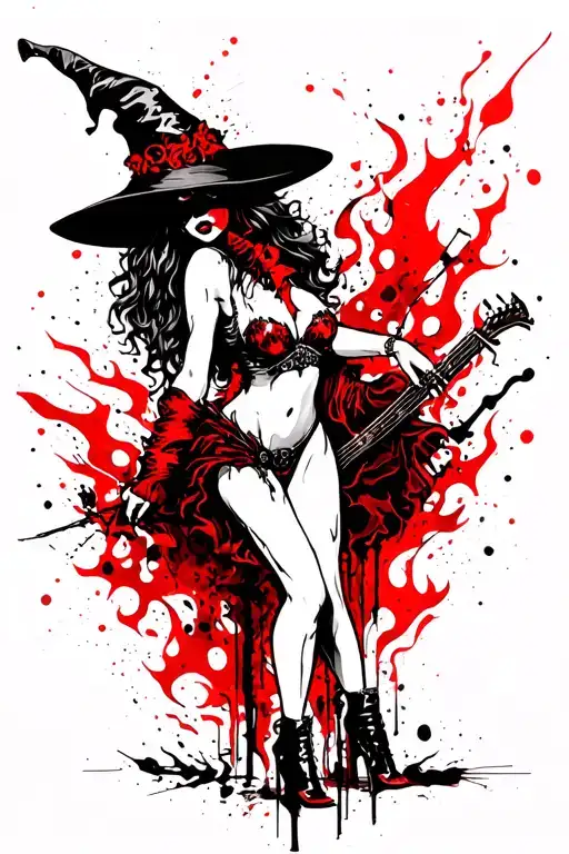 sexy witch in long legs burn in flame tattoo design idea