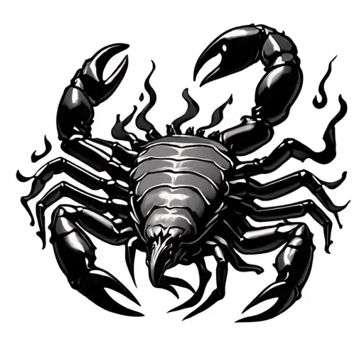 A 3D scorpion that is burning, like it's on fire and flames for something. It should represent discipline and motivatio tattoo design idea
