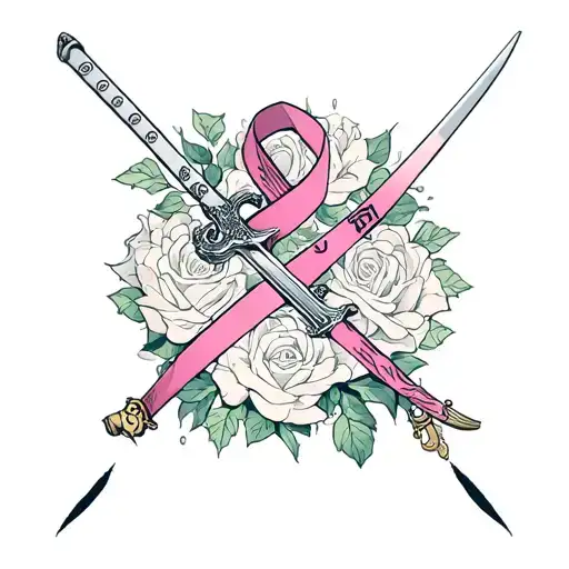 Breast cancer ribbon with a sword going through it with roses surrounding tattoo design idea