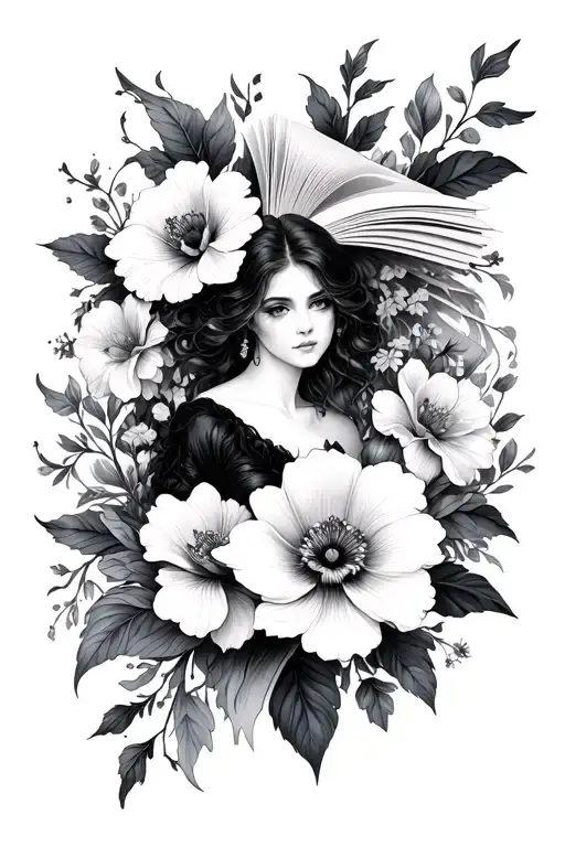 Dark Romance, flying pages, floral patterns tattoo design idea