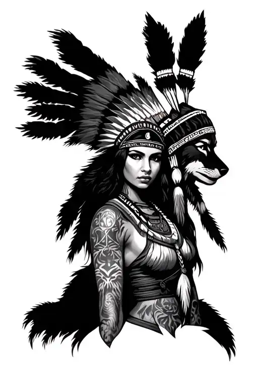 "forward facing " indian femal warrior with headdress with wolves  tattoo design idea